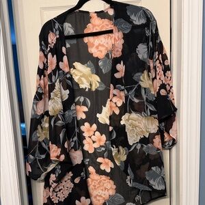 Floral Open-Front Kimono in Black and Pink